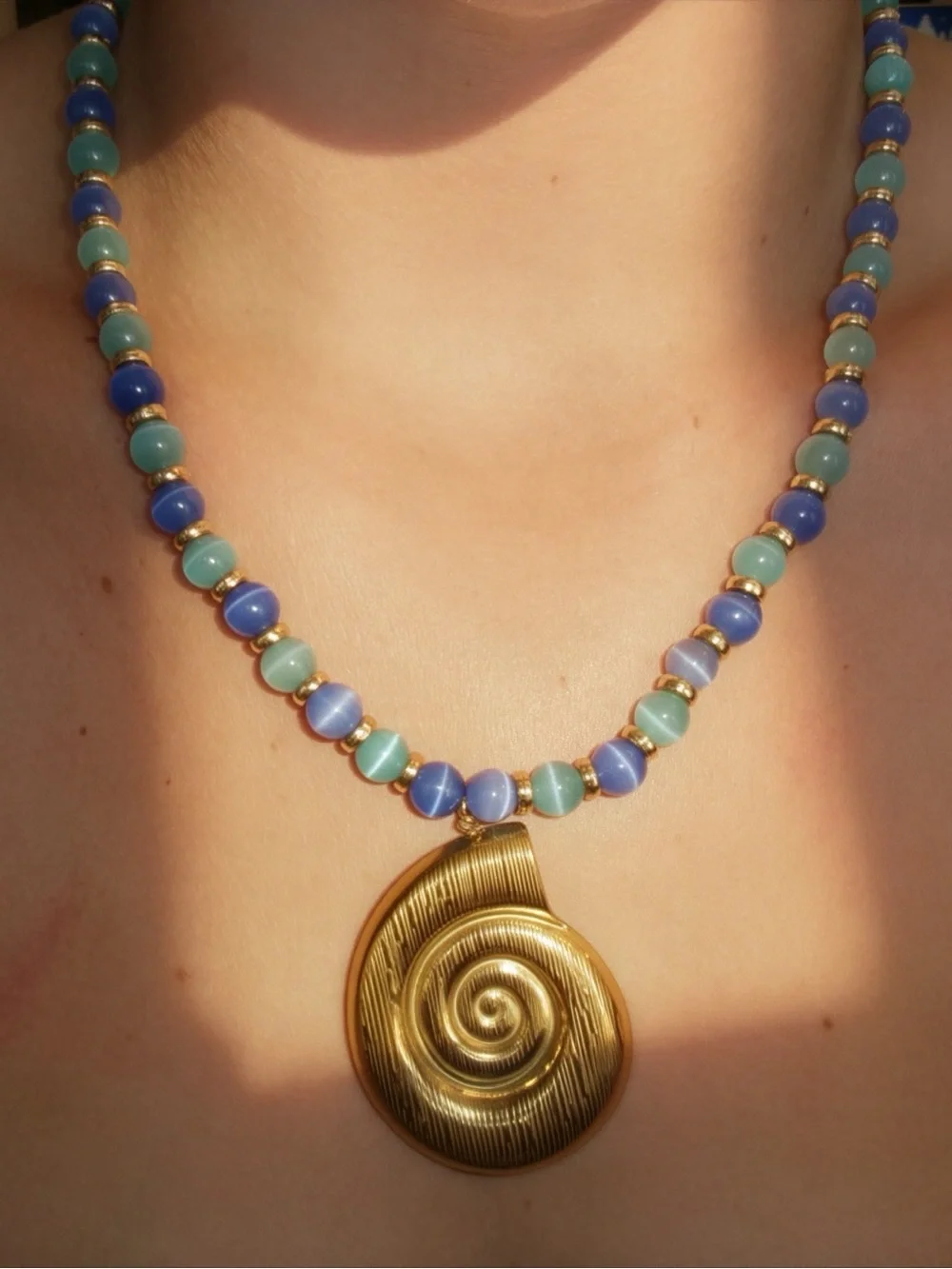 Gold Spiral Pendant Necklace with Blue and Aqua Beads